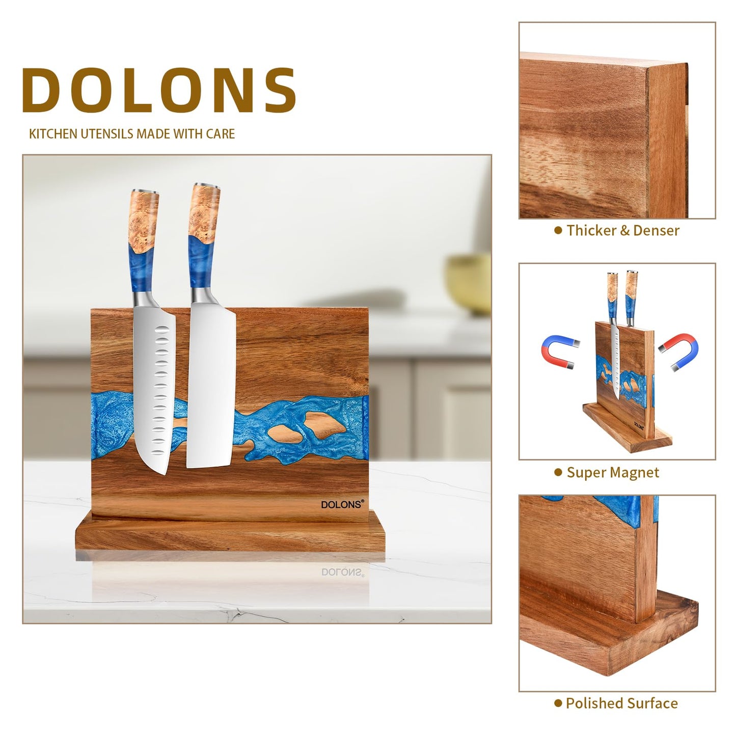 DOLONS Magnetic Knife Block,Acacia Wood And Resin Kitchen Magnetic Knife Holder，Equipped with strong magnets,Multifunctional Double Side Knife Storage Organizer for Kitchen Counter ，Gifts for new home