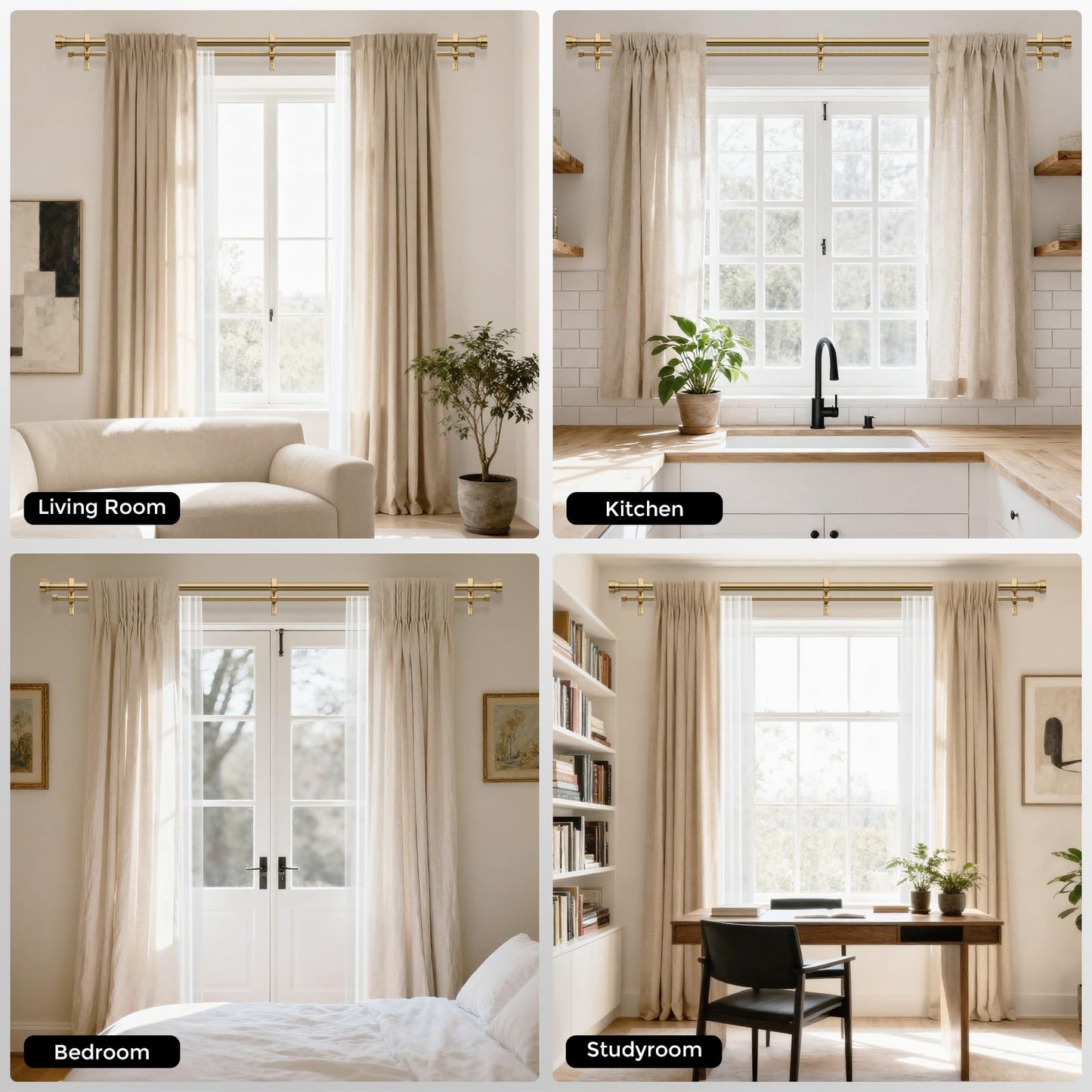 Wolistsa Brass Double Curtain Rod, Warm Gold Extra Long Dual Curtain Rods for Windows 36 to 153 Inch, 1 Inch Adjustable Heavy Duty Spliced Double Rod, Pro-Plating Process, Aluminium Finials