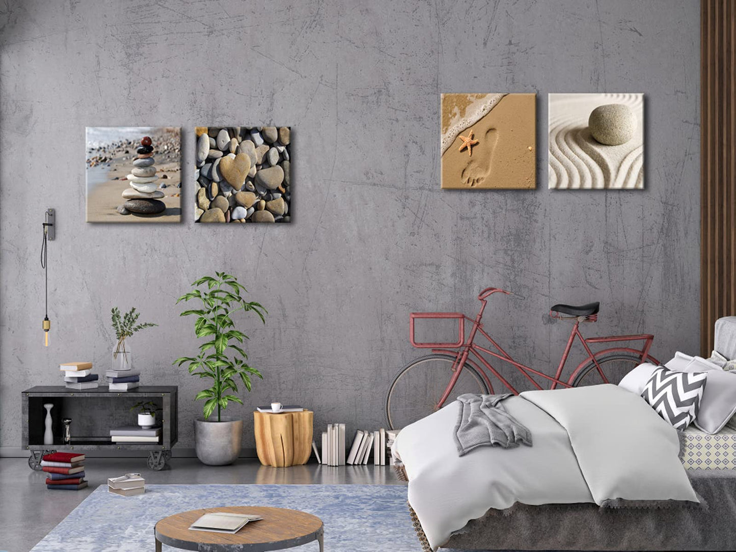 Wieco Art Canvas Prints Wall Art Romantic Beach Theme Zen Stone Pictures Paintings for Living Room Kitchen Home Decor Large Modern 4 Panels Stretched and Framed Seascape Sea Beach Artwork L