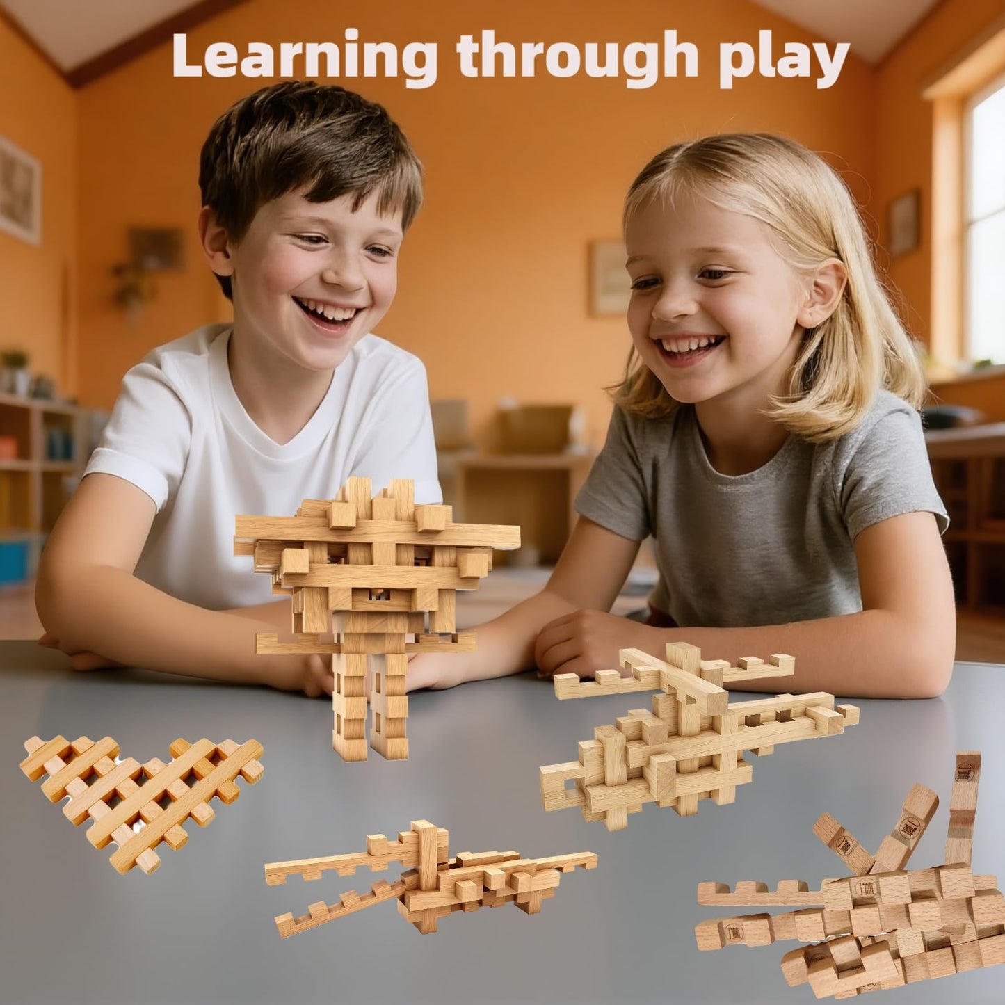 GLCforever 15 in 1 Educational Wooden Building Blocks - Mortise and Tenon Assembled into 15+ Various Shapes, STEM Toys Gift for Kids and Classroom, DIY Building Toys for Ages 5+ Teens Adults - 42 Pcs
