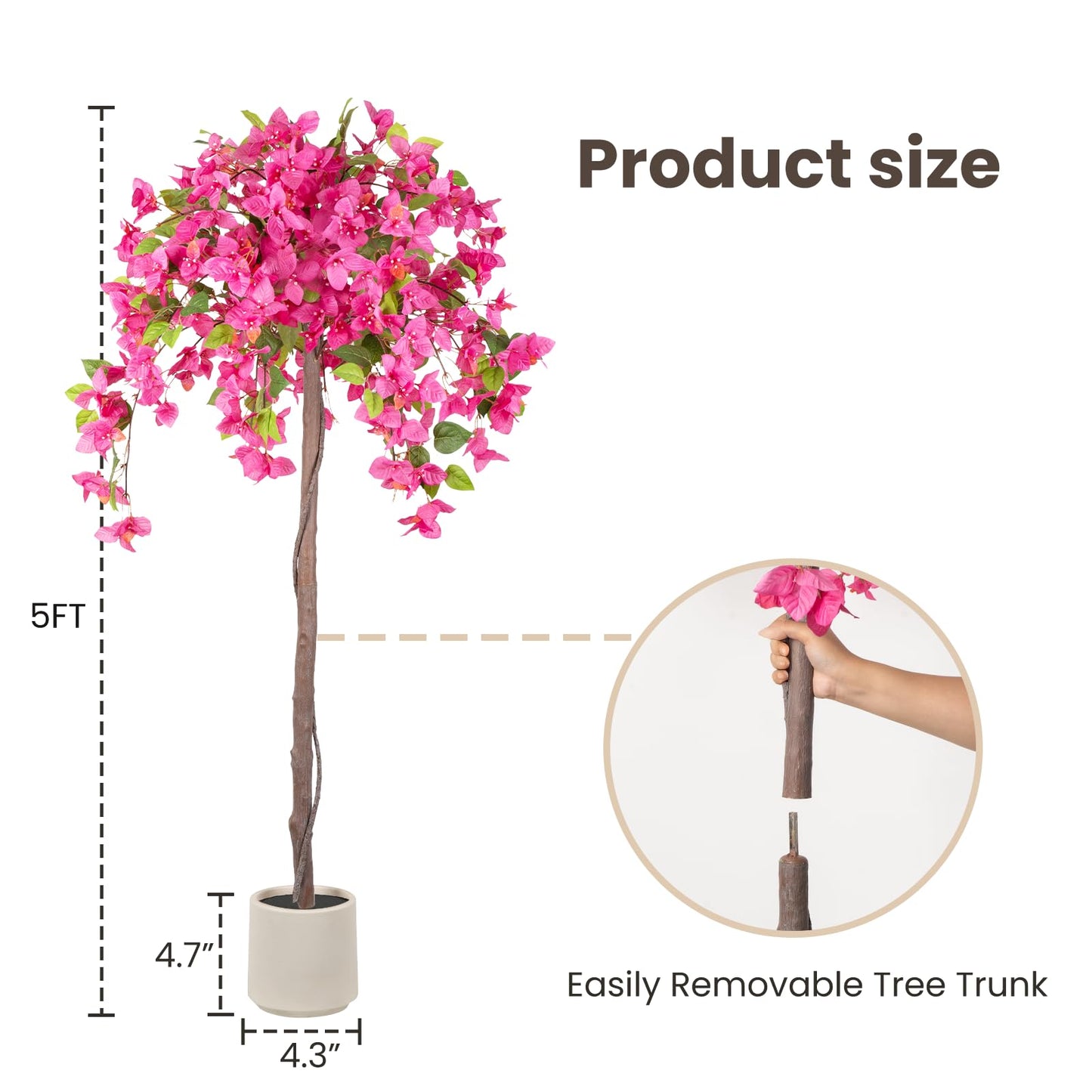5FT Fake Bougainvillea Tree with Pink Blossoms – Lifelike Artificial Flowering Plant for Indoor Home Decor, Ideal for Entryway, Living Room, or Balcony