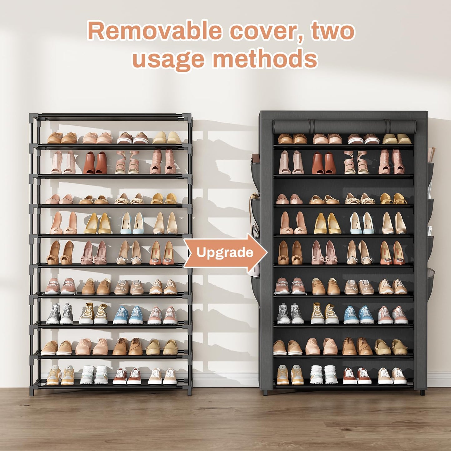 BrFoYu Shoe Rack with Cover, 10 Tier Shoe Organizer Storage for 40-50 Pairs Sneaker and Boots, Large Capacity, with 8 Pockets, Free Standing Tall Shoe Rack for Front Door Entrance, Closet