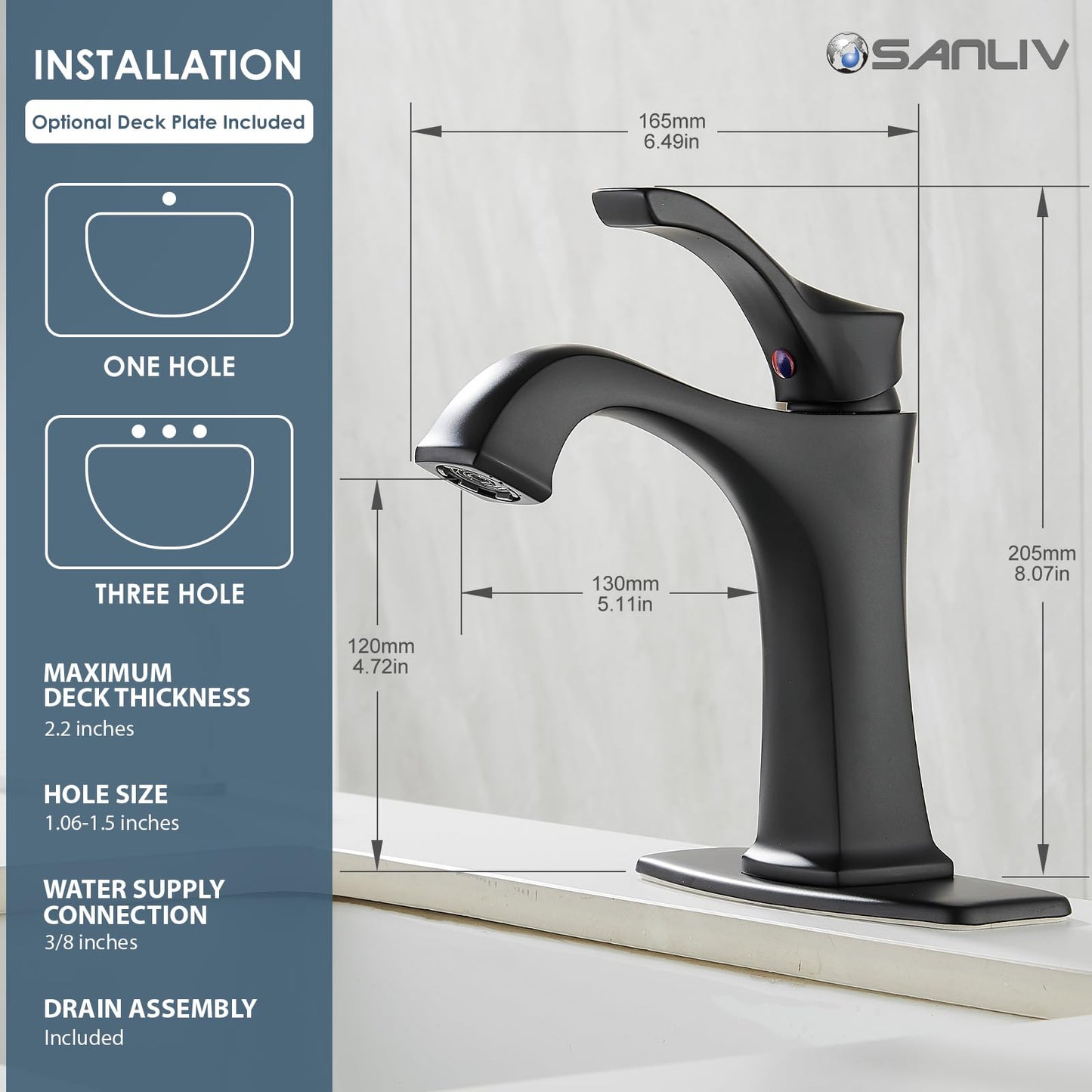 Matte Black Bathroom Faucet 1 Hole, Sanliv Single Handle Bathroom Sink Faucet, Modern Black Vanity Faucet with Deckplate & Pop-Up Drain for One or 3-Hole Farmhouse Sinks