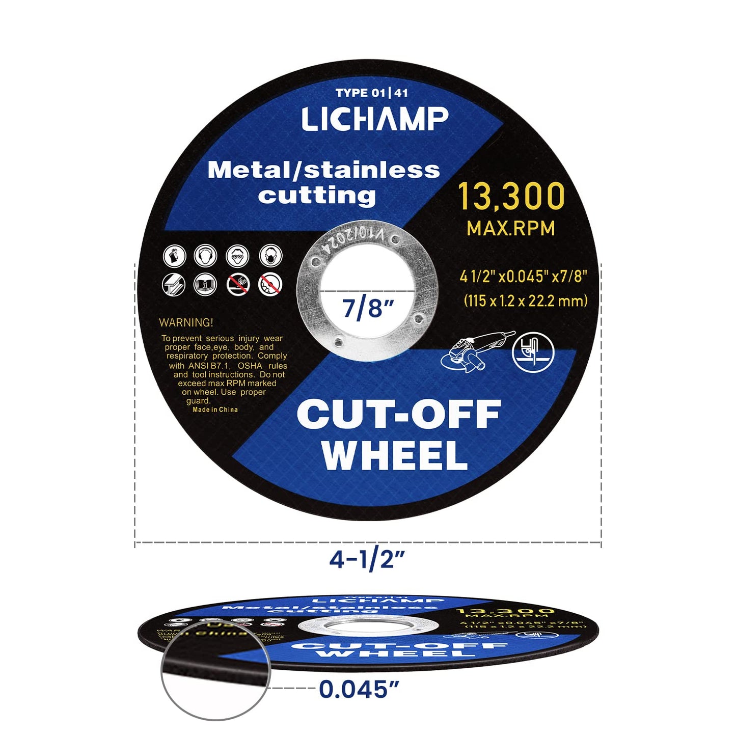 Lichamp 4-1/2 Cut Off Wheels for Metal, 100 Pack 4.5 inch Disc Cutting Wheel Cutoff Blade, 4.5"x0.045"x7/8", A100BK