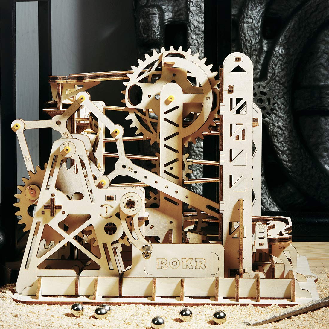 ROKR 3D Assembly Wooden Puzzle Brain Teaser Game Mechanical Gears Set Model Kit Marble Run Set Unique Craft Kits Christmas/Birthday/Valentine's Gift for Adults Age 14+