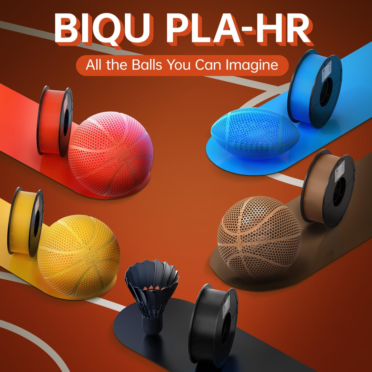 BIQU PLA-HR Flexible 3D Printer Filament Specifically for Printing Airless Basketballs, 1.75mm 1KG Spool (2.2lbs), Flexi Tough Filament Compatible with Most FDM 3D Printer (Orange)