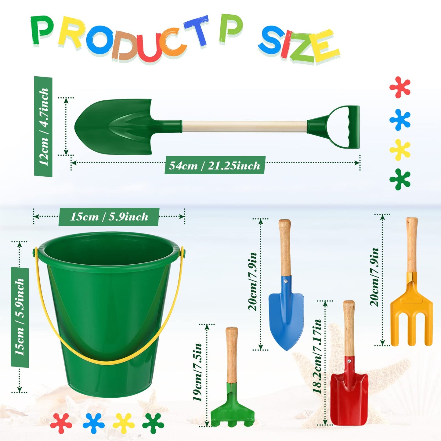 Jexine 24 Pcs Sand Buckets and Shovels for Kids Beach Sand Toys Bulk 12 Plastic Beach Buckets and 12 22 Inches Gardening Shovel with Wooden Handle Summer Toys for Boys and Girls, 4 Colors