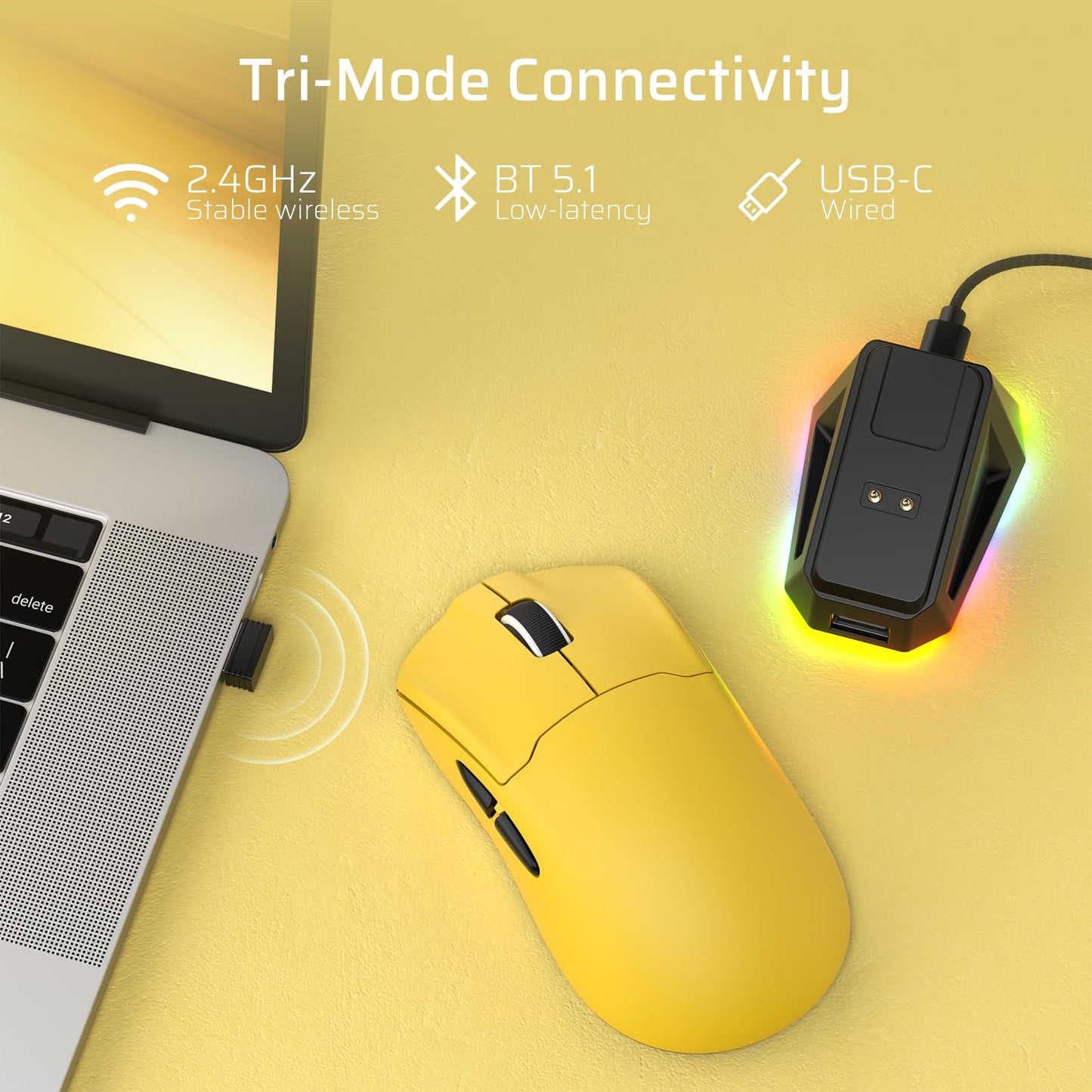 LTC GM022 Ultralight 3-Mode Wireless Gaming Mouse with RGB Charging Dock, PAW3395 26K DPI Sensor, 55G Lightweight Ergonomic Bluetooth Gaming Mouse, 5 Programmable Buttons, 80 Million Click Switch