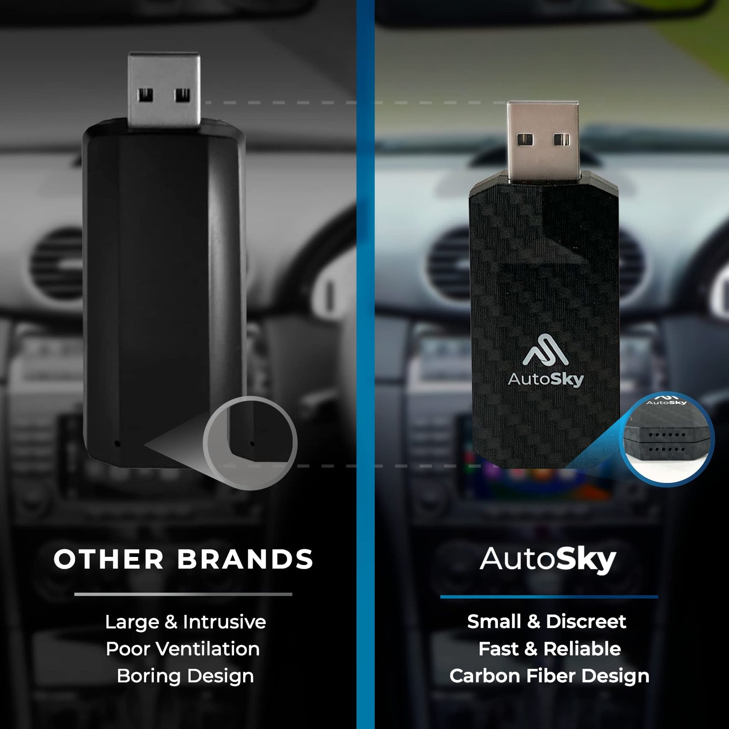 Wireless CarPlay Adapter 2023 Pro Slim Edition - Smallest and Fastest Wireless CarPlay Adapter - AutoSky - Factory Wired CarPlay Cars – USB-A and USB-C Cables – Wired CarPlay Required