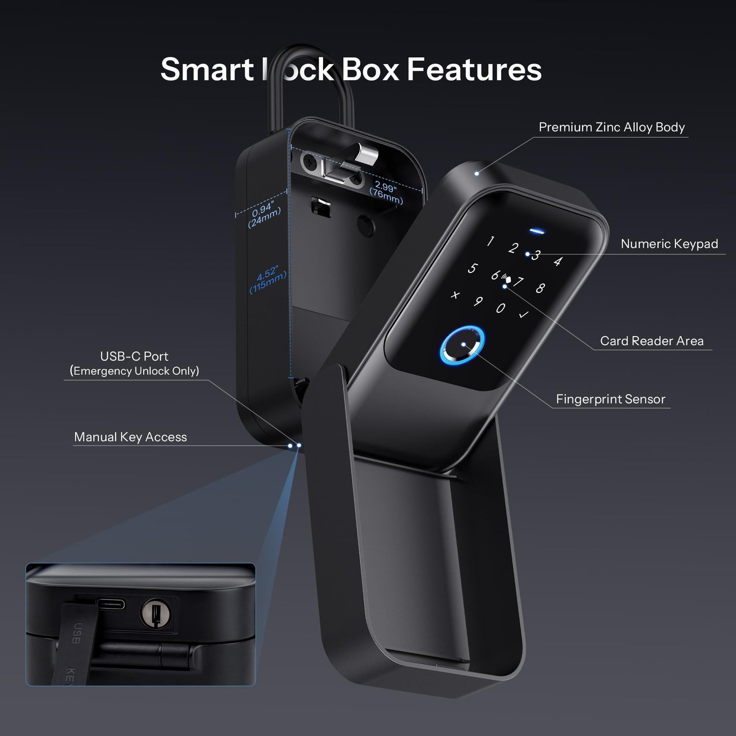 LOQRON Smart Key Box - Advanced Fingerprint Recognition, App Control, Manual Keys, Access Card - Weatherproof, Wall Mounted & Door Hanging for Home, Airbnb, Realtor and Office