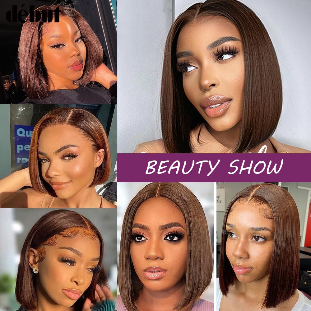 DÉBUT Medium Brown T Part Short Bob Wigs Lace Front Human Hair Wigs for Black Women Brazilian Virgin Straight Hair Middle Part 13x4x1 Wigs Chocolate Brown 10 Inches