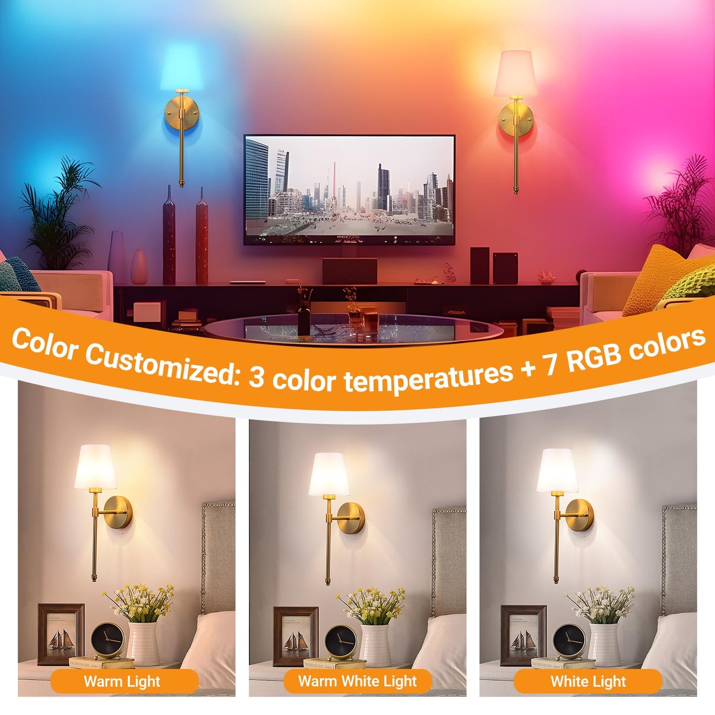 Battery Operated Wall Sconces Set Of 2, Wireless Battery Wall Light With 10000mAh RGB Rechargeable Magnetic Bulb, Rechargeable Wall Sconce With Remote Control For Bedroom, No Electrician Required