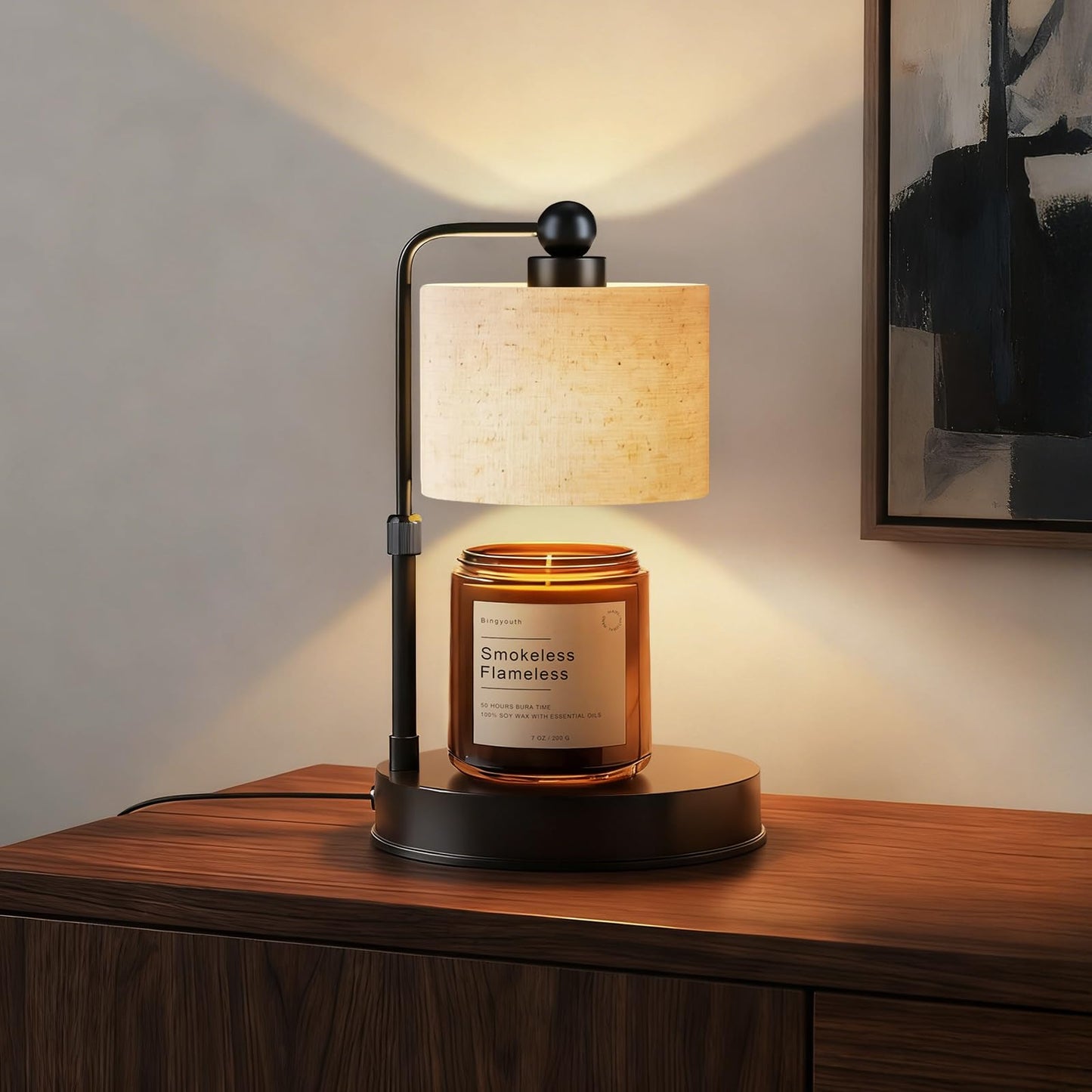 Bingyouth Candle Warmer lamp for 3 Wick Candles, Large Candle Warmer Lamp with Timer, Dimmable, Adjustable Height, Modern Farmhouse Linen Shade, Black Candle Warming Lamp, 2 Bulbs Included