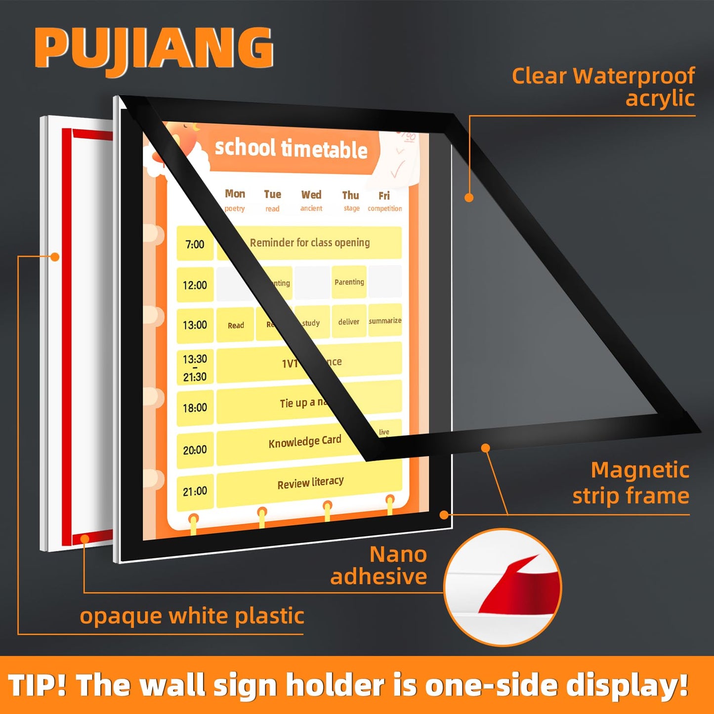 PUJIANG 6 Pack Acrylic Sign Holder 8.5x11 Wall Mount,Clear Wall Sign Holder with Tape,Horizontal & Vertical Display,Plastic Sign Holder for Wall Door Glass Window Fridge-No Drilling