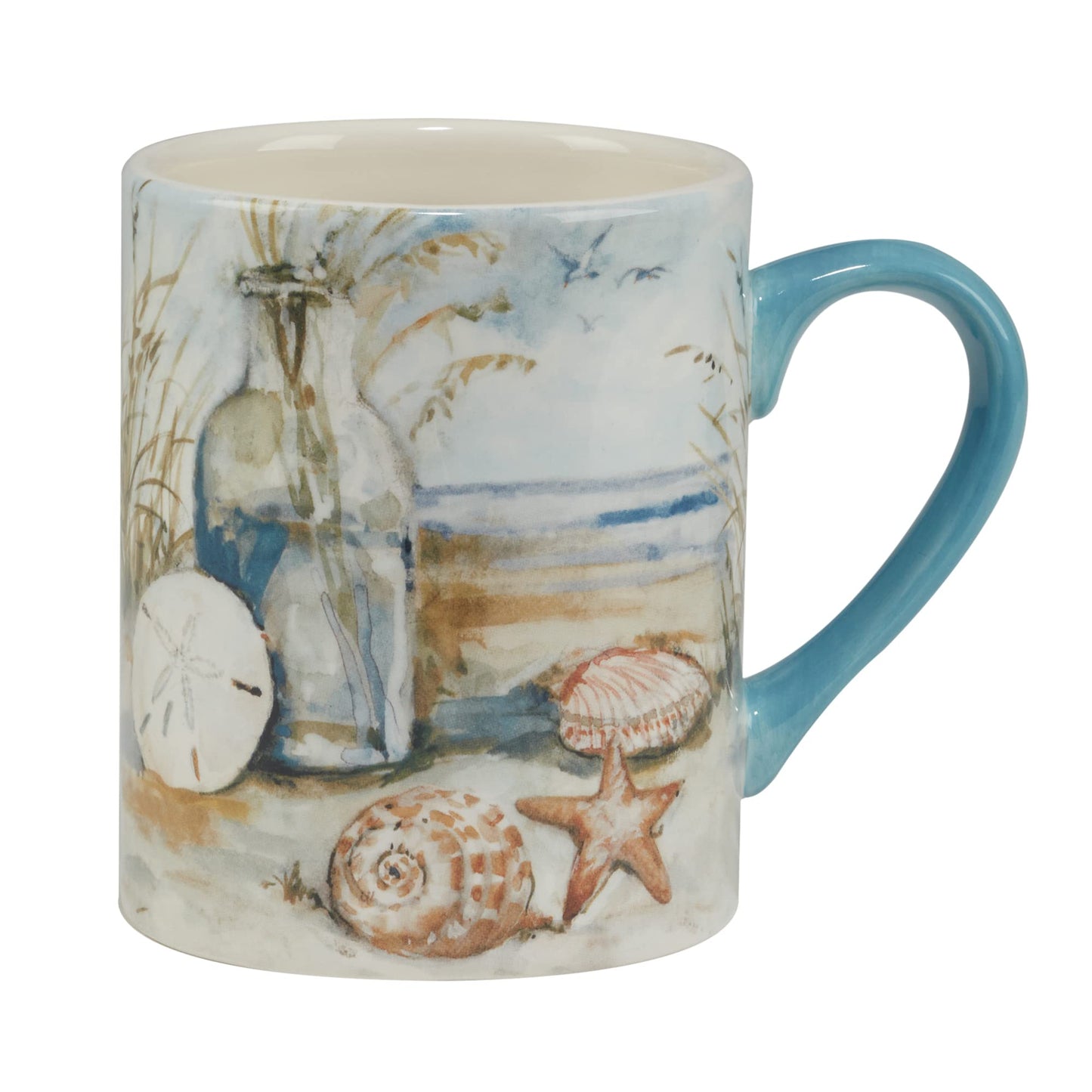 Coastal Landscape 16 oz. Ceramic Mugs – Set of 4 Assorted Beach Designs with Starfish, Shells & Ocean Bottles – Seaside Coffee Cups for Tea, Hot Cocoa, or Gifting – Blue Handle Accent