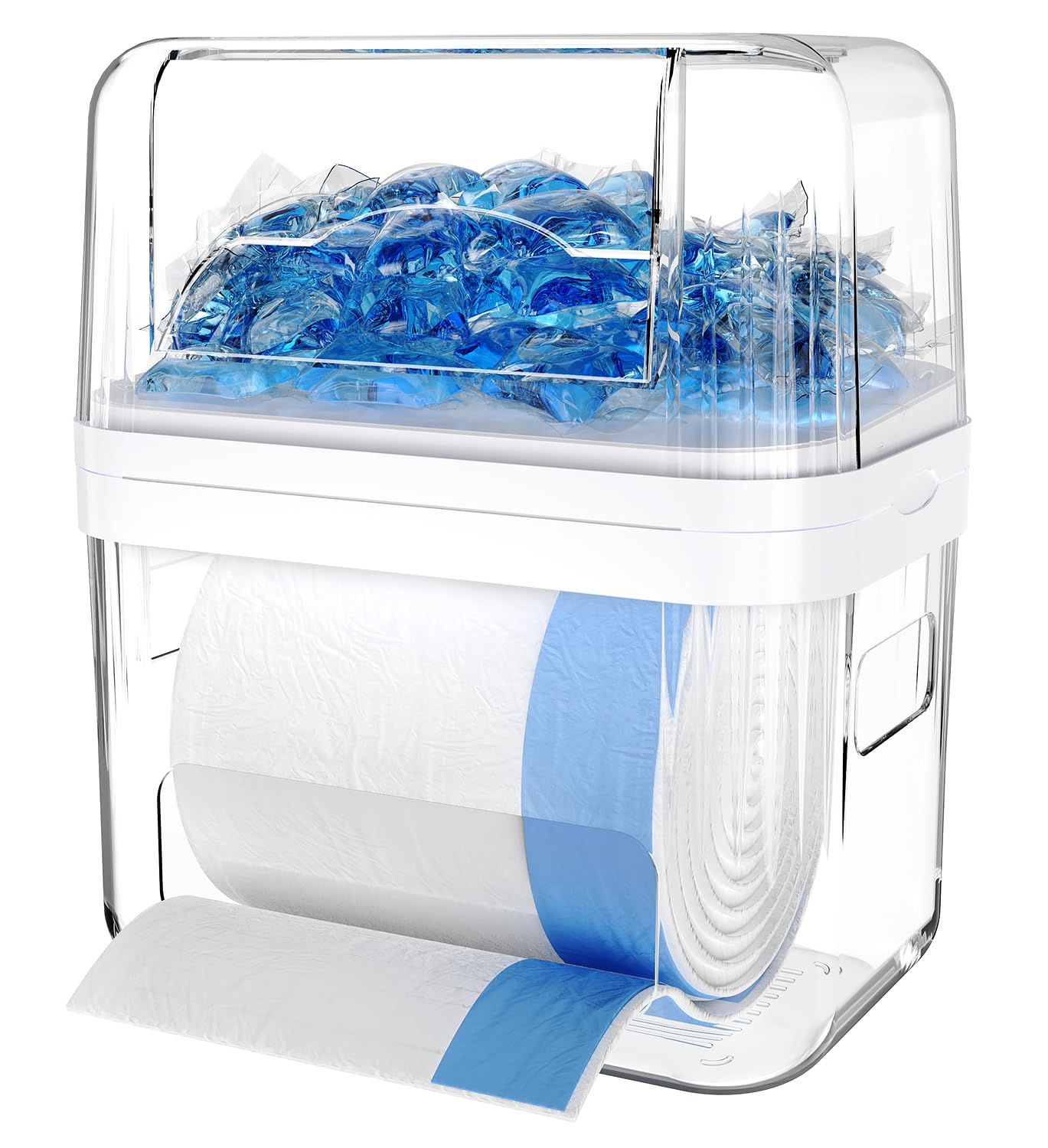 YGKATING Trash Bag Dispenser & Dishwasher Pods Container, 3 in 1 Clear Acrylic Garbage Bags Holder Under Sink Organizer Laundry Pods Dishwasher Tabs Storage Box for Laundry Room and Kitchen Cabinet