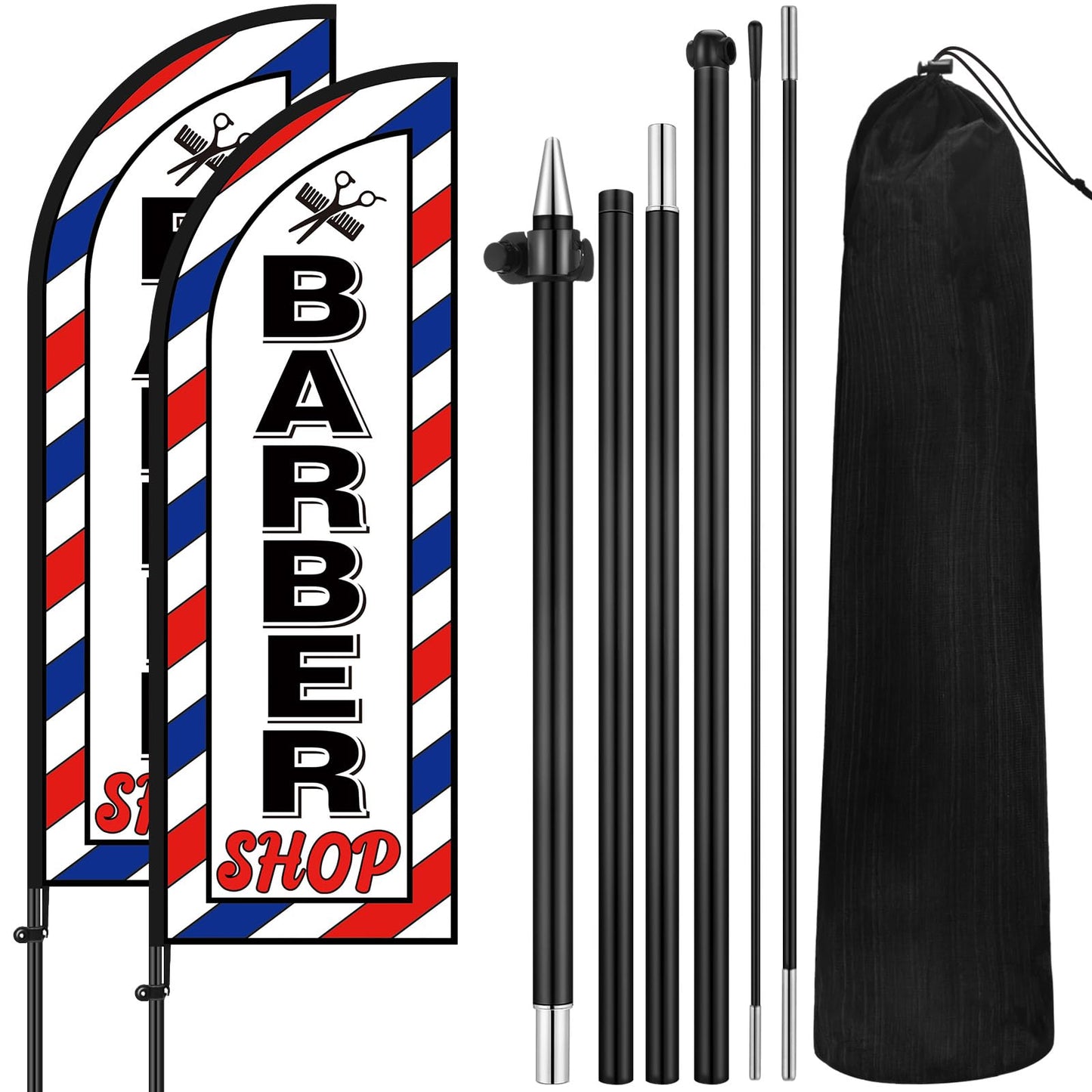 VitalCozy 2 Set Barber Flag Barbershop Themed Swooper Flag Banner with Pole Kit Open Feather Barber Sign for Salon Business Advertising Outdoor Outside(7 ft)