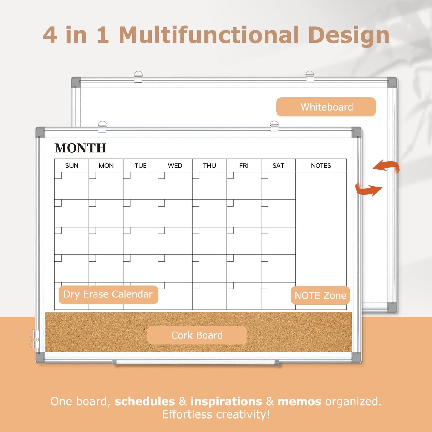 QUEENLINK Dry Erase Calendar Board for Wall, 24"x18" Magnetic Whiteboard Calendar Double-Sided Monthly White Board with Cork Board, Aluminum Frame Memo Message Board for Office, Home, School, Kitchen