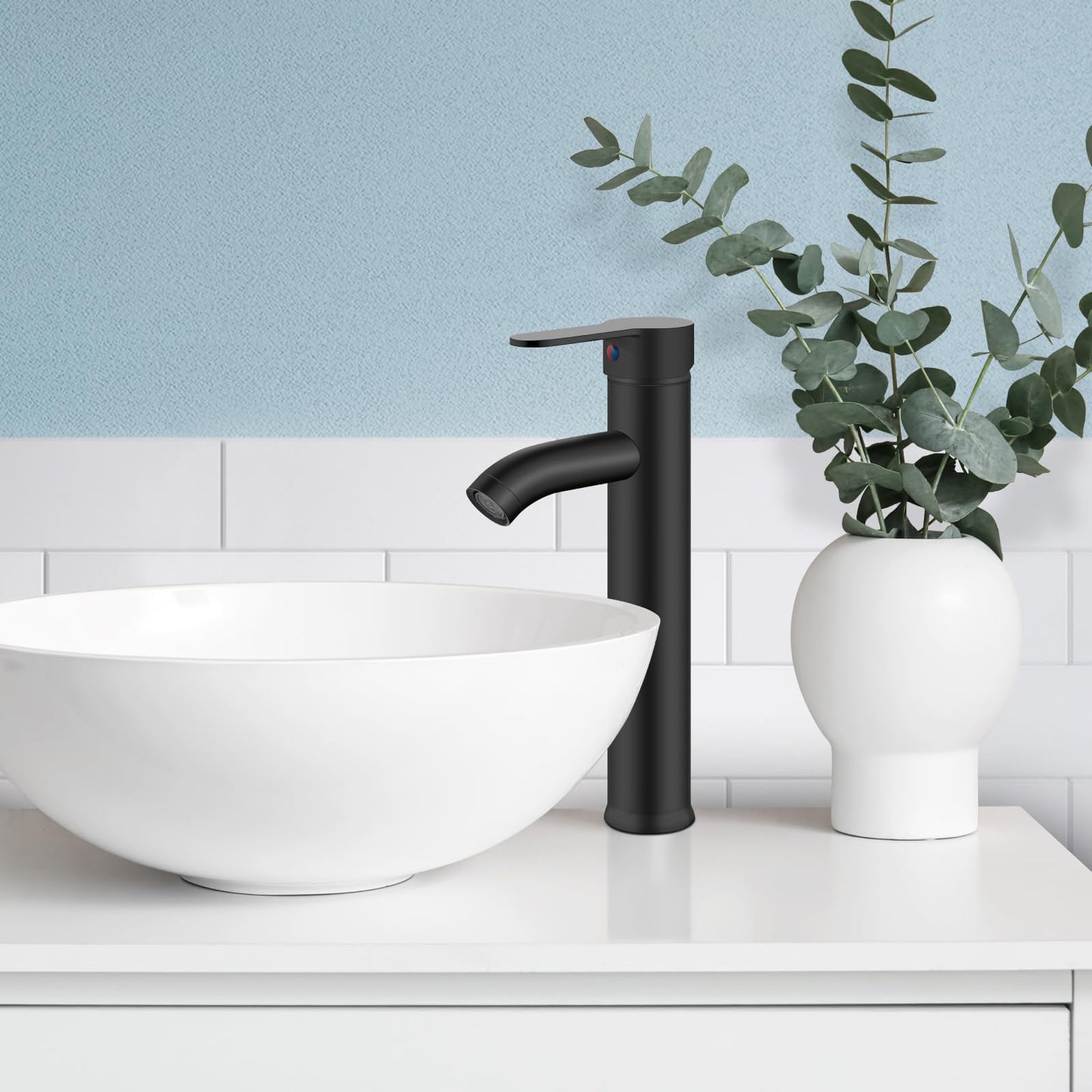gotonovo Vessel Sink Faucet Modern One Hole Bathroom Faucet Deck Mount Lavatory Vanity Single Handle Mixer Tap with Water Supply Hose and ABS Pop Up Drain Matte Black