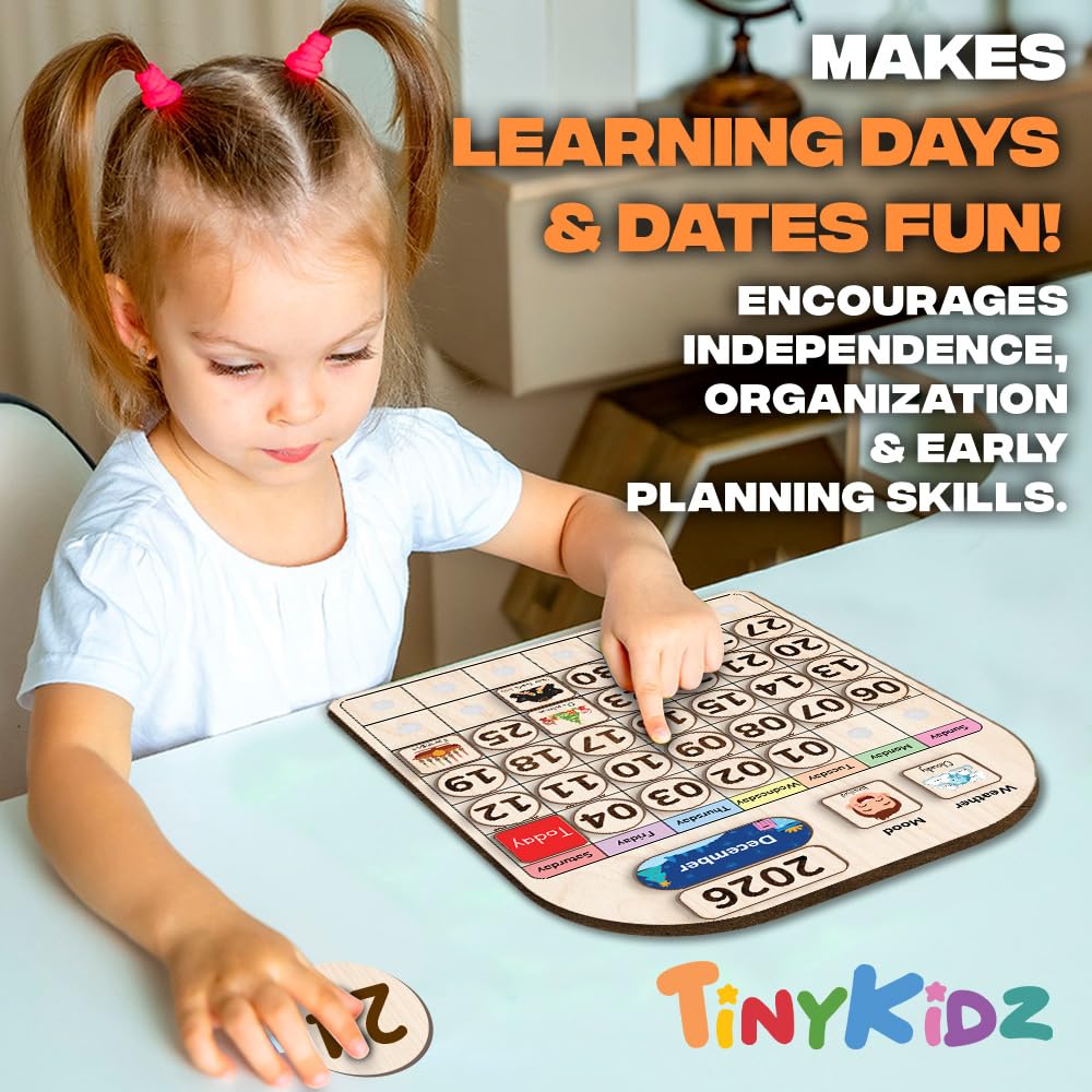 TinyKidz Wooden Calendar for Kids, Preschool Toddler Calendar Learning at Home and Classroom Teaching, Hanging Calendars for Kids, Months and Days of The Year