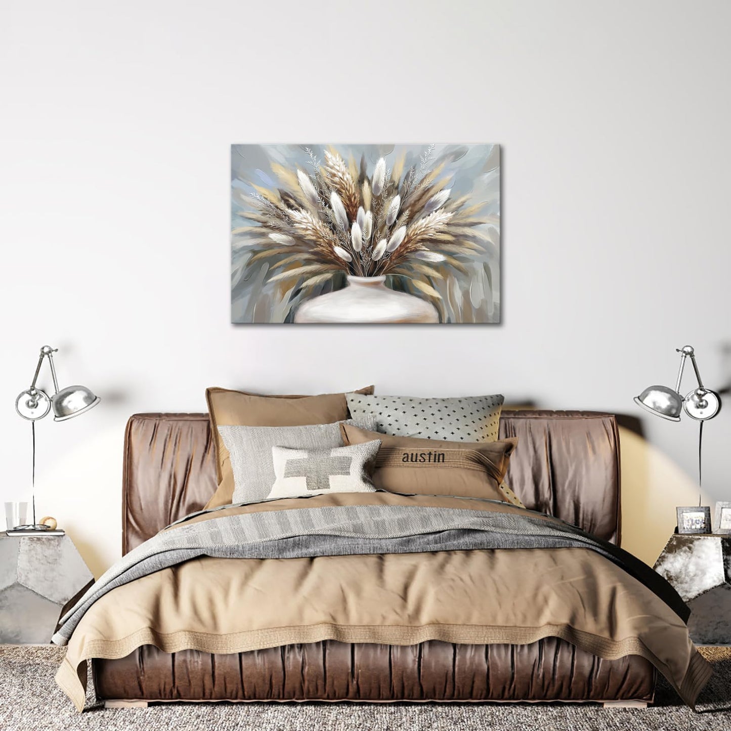 iHAPPYWALL Large Pampas Grass Wall Art Boho Botanical Plant Farmhouse Decoration Dried Floral Grass in Vase Canvas Prints for Home Kitchen Bedroom Ready to Hang 24x36inch