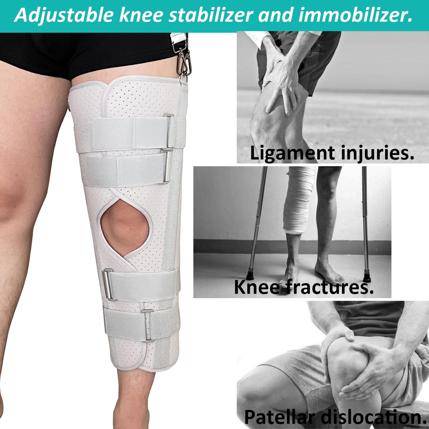 Yarifxy Three-Panel Knee Immobilizer & Knee Stabilizer - Leg Support Splint for Knee Pre-and Postoperative Injuries & Instabilities - Straight Leg Brace with Shoulder Strap to Prevent Sliding (18")