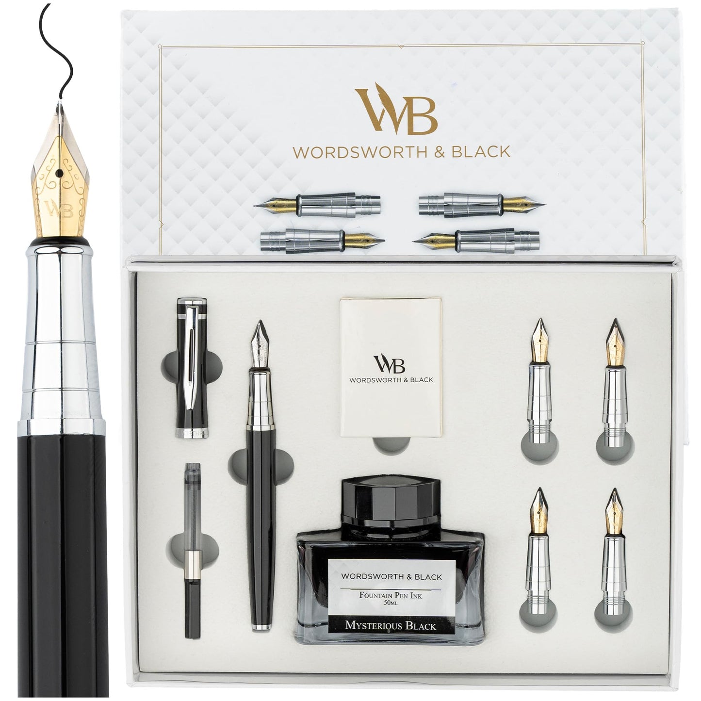 Wordsworth & Black Fountain Pen Gift Set, Includes Ink Bottle, 6 Ink Cartridges & A Refill Converter, 4 Replacement Nibs, Premium Package, Journaling, Calligraphy, Smooth Writing Pens [Black Chrome]