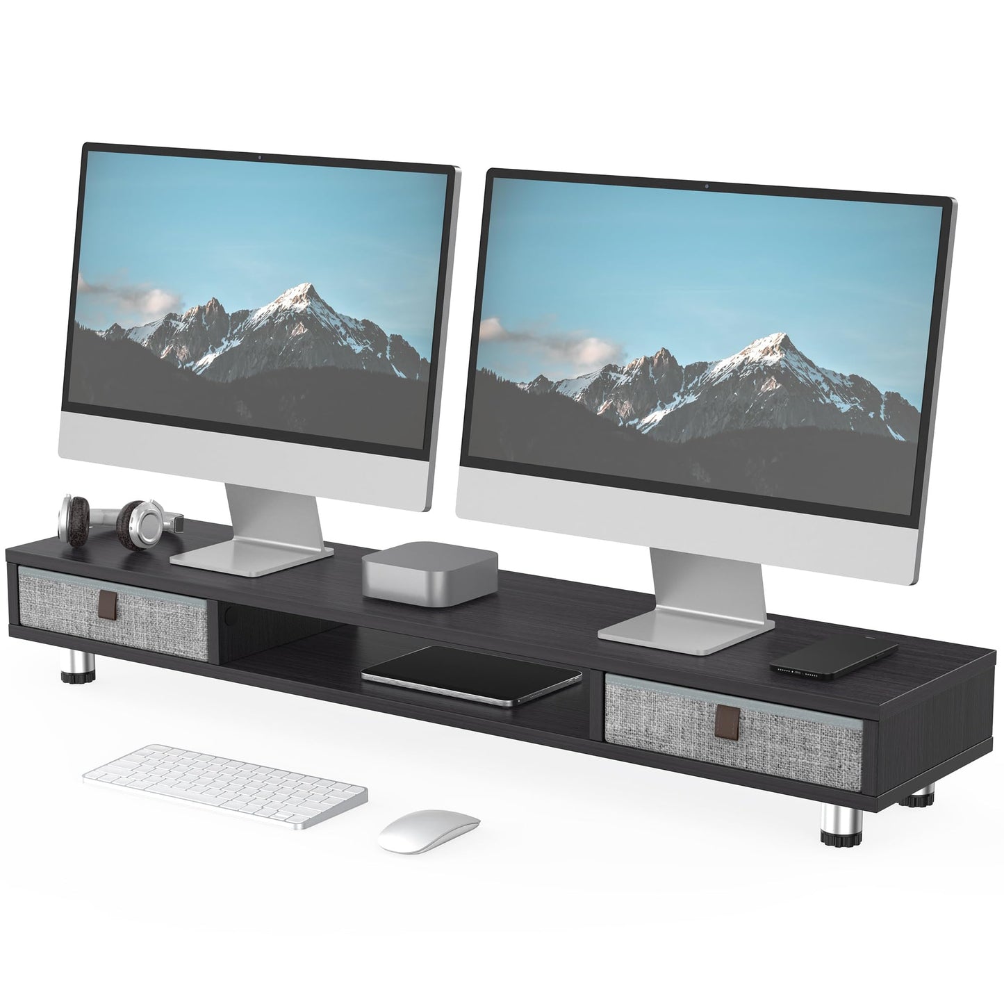 Fenge Dual Monitor Stand with 2 Drawers, 42.5 Inches Large Computer Riser for Desk, Adjustable Height Desk Shelf with Storage for Laptop, PC, TV, Printer