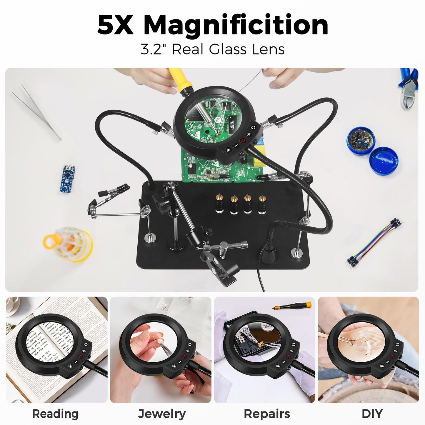 NOEVSBIG Helping Hands Soldering Station with Upgraded 5X Magnifying Lamp, 360° Soldering Clamp, 4 PCB Holders, Extra-Large Base & 4 Sturdy Flexible Arms, Hands-Free Tool for Soldering, Jewelry Crafts