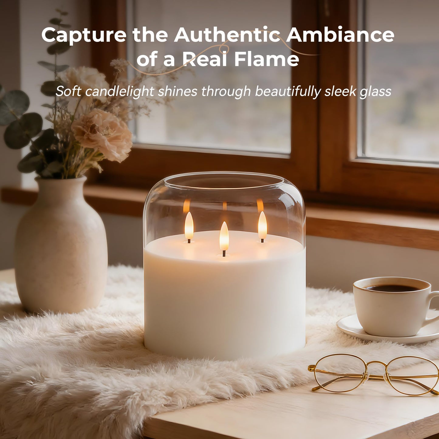 Velsyn 3 Wick Glass Flameless Candle with Remote and Timer, 6"x6" Extra Large Real Wax LED Pillar Candle Battery Operated with 3D Flickering Flame for Festival Wedding Home Party Decor (Clear)