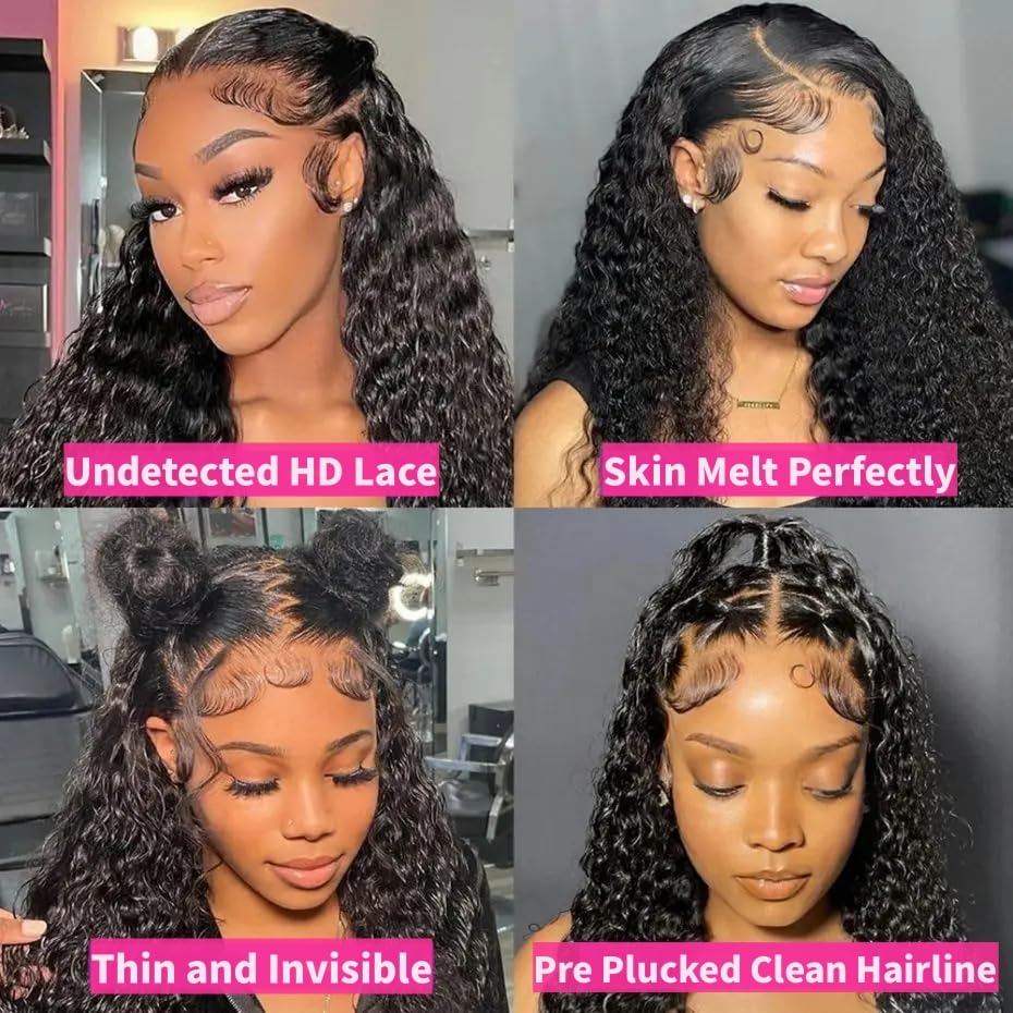 JTMMP 13x6 Deep Wave Lace Front Wigs Human Hair 200% Density 26 Inch Curly Human Hair Wig for Women Natural Black HD Transparent Lace Glueless Frontal Wigs Human Hair Pre Plucked with Baby Hair