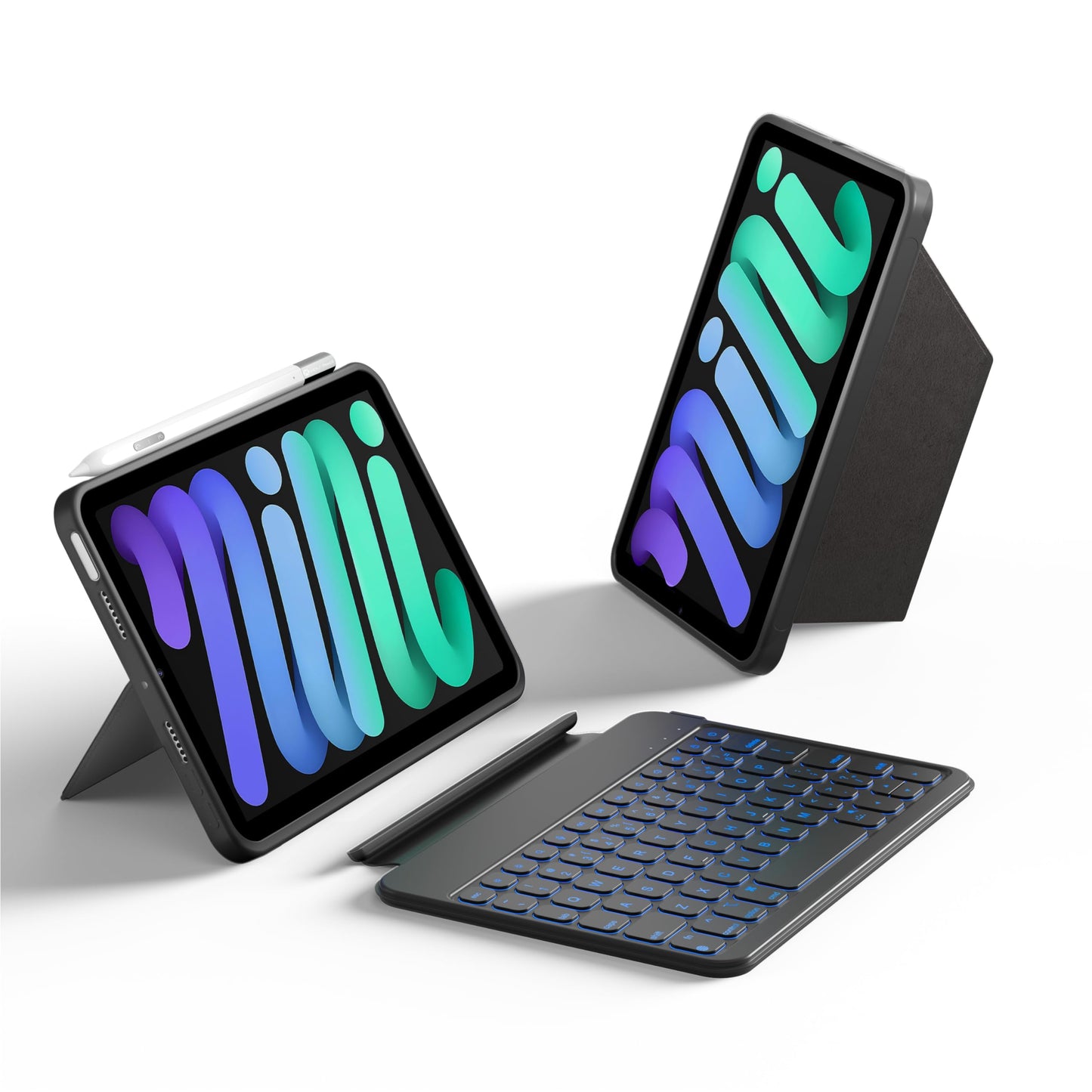 HOU Keyboard Case for iPad Mini 7/6, 156° Adjustable Stand, Detachable Full Protective Case for iPad Mini 7/6, 11 Shortcut Keys, 7 Color Backlight, Silicone PU, Multifunction, Bluetooth