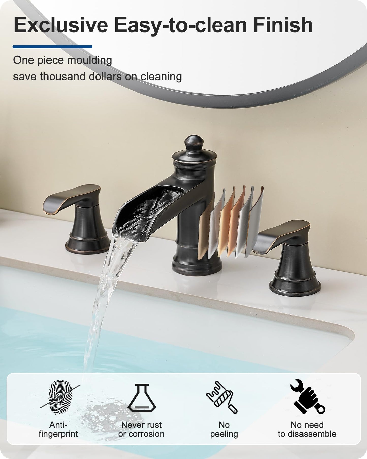 HEYMYTAP 4-16 Inch Oil Rubbed Bronze Waterfall Bathroom Faucet 3 Hole, Brass Bathroom Sink Faucet 2 Handles Widespread with Pop-up Drain & cUPC Supply Hoses for Vanity, Lavatory, Restroom, Farmhouse