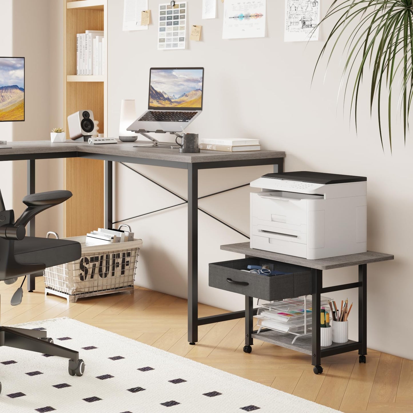 YAOHUOO 22"x15" Large Printer Stand with Drawer, 2-Tier Rolling Table Cart