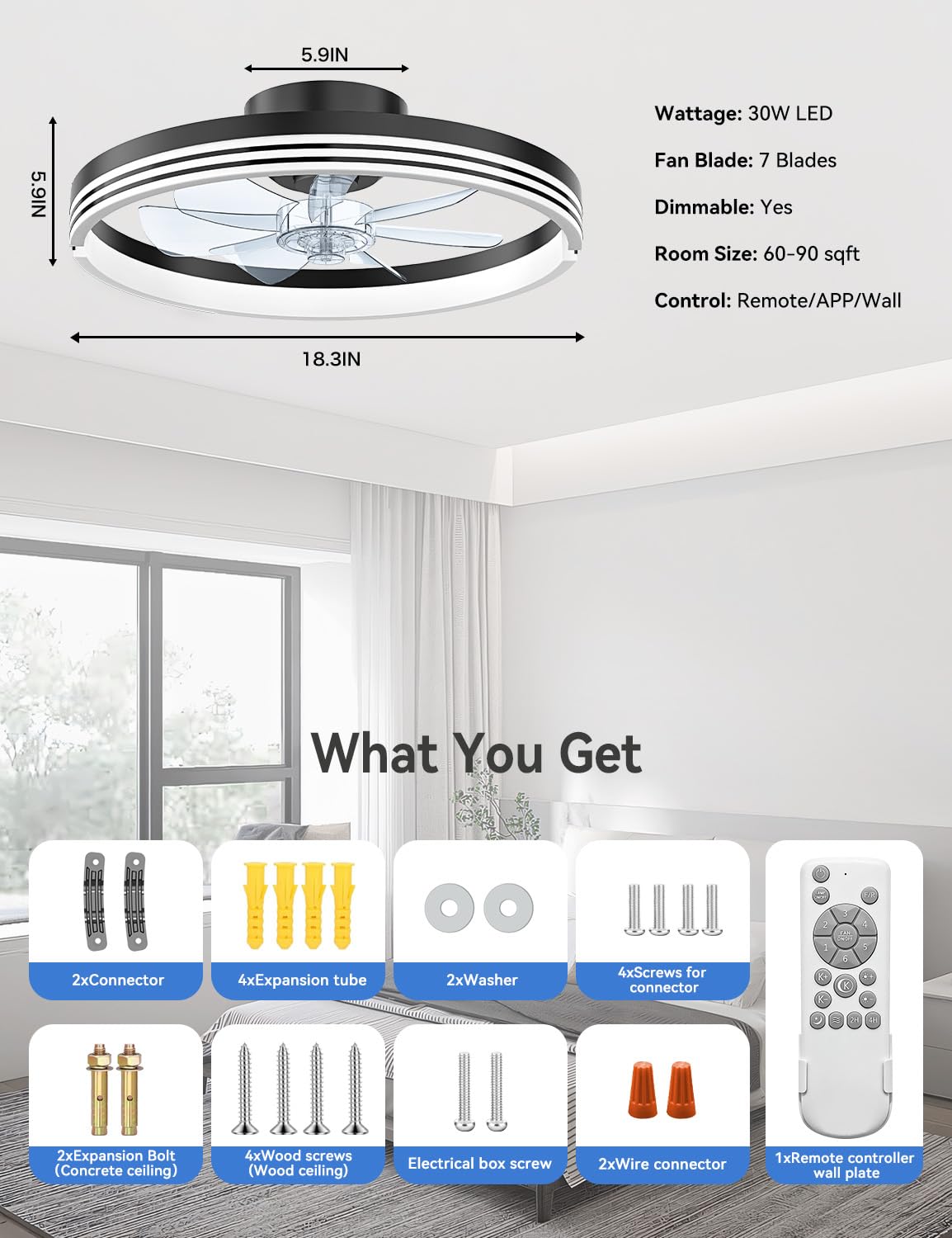 AKOFUN 18" Ceiling Fans with Lights and Remote, Low Profile Flush Mount Ceiling Fan with Light, 3000-6500K Dimmable LED Fan Light, Modern Bladeless Fandelier Ceiling Fans for Bedroom, Black Stripes