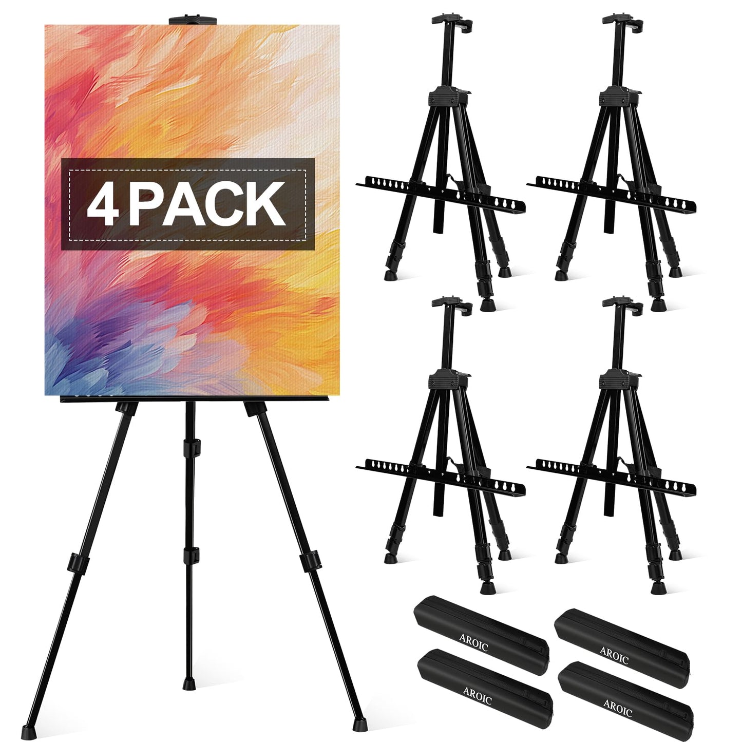 AROIC 4 Pack Painting Display Easel Stand Portable Adjustable Metal Tripod Artist Canvases Height from20to66Inch Extra Sturdy forTable-Top/Floor Painting, Drawingand Displaying,Black with4Storage Bag