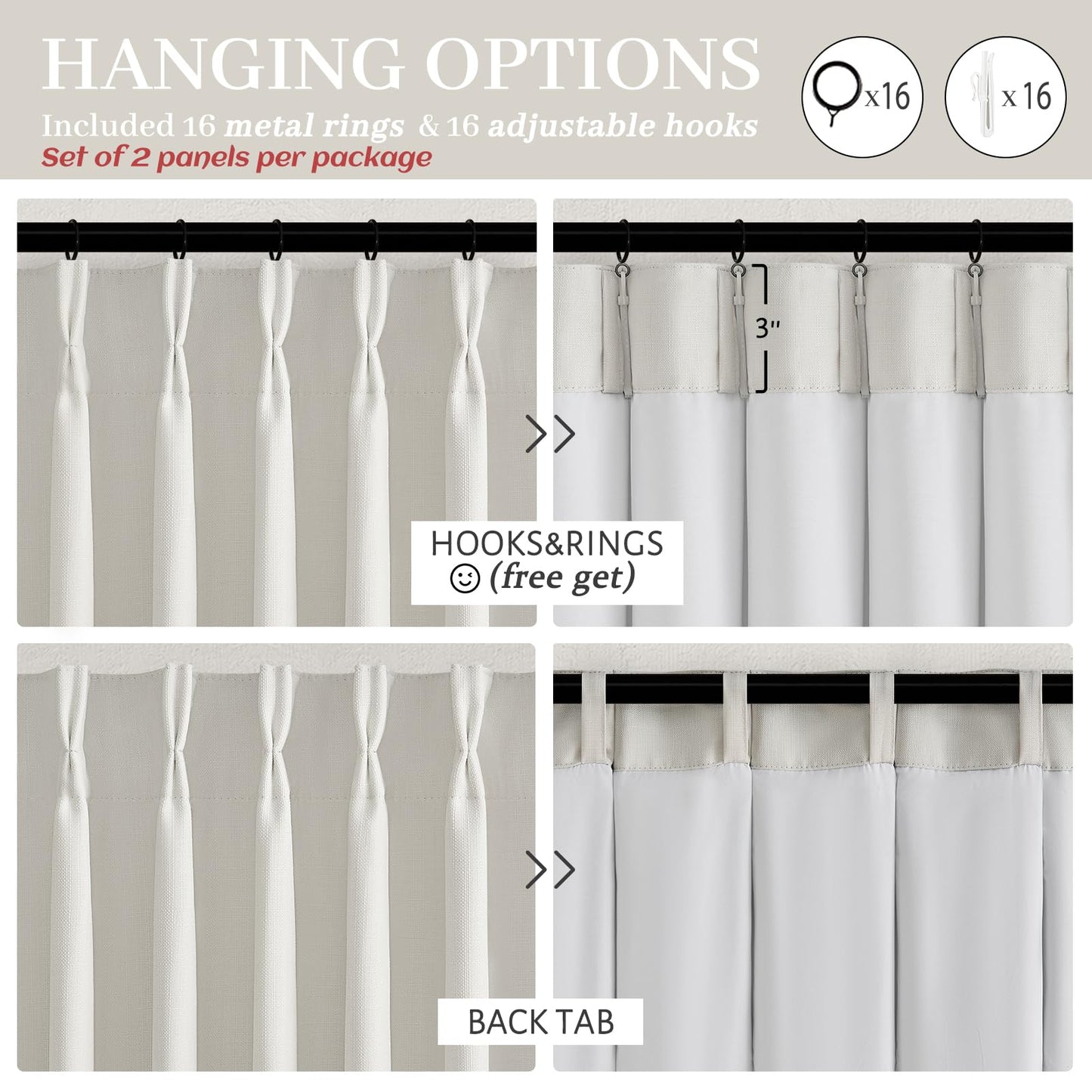 100% Blackout Linen 96 Inch Curtains 2 Panel Set for Bedroom, Modern Pinch Pleated Natural Linen Off Beige White Insulated Heavy Curtain 40 x 96 Inches Length Sliding Glass Door Room Darkening Drapes