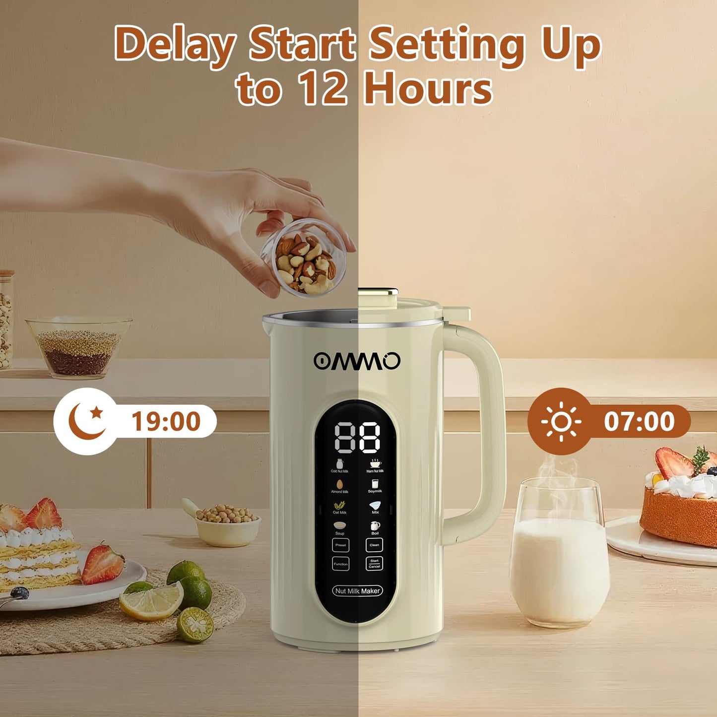 OMMO 10 in 1 Nut Milk Maker Machine Blender, 35oz Soy Milk Maker with Large Screen/10 Blades for Hot/Cold Almond Oat Soybean Milk Maker, 12 Hours Timer/Self-Cleaning, Includes Recipe Book-Accessories