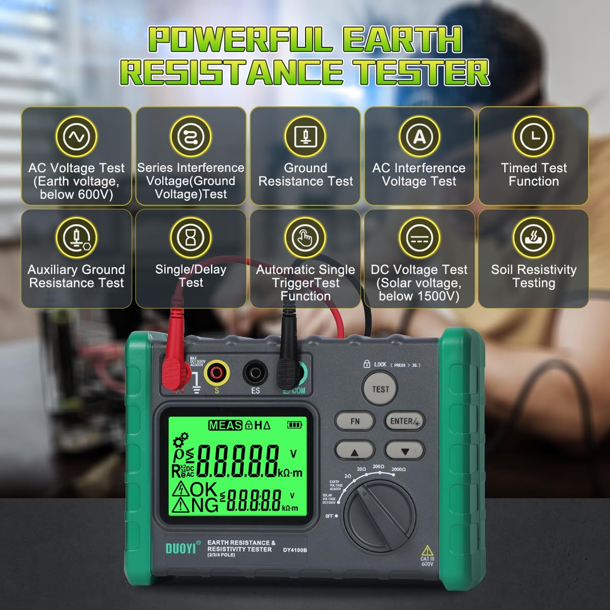DUOYI Earth Resistance Tester 0.03-2000 ohm Meter,Upgraded Digital Earth Ground Resistance Tester 2/3 Wire Measurement AC/DC Voltage Meter with Batteries,Tool Bag