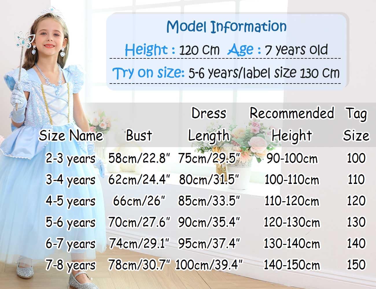 Luzlen Cinderella Costume for Girls Kids Blue Princess Dress with Accessories Halloween Birthday Party Outfits, 4-5T(Tag 120)