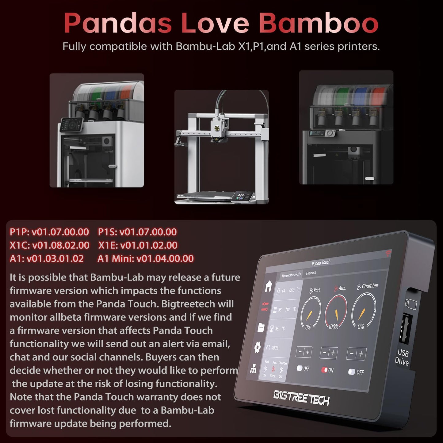 BIGTREETECH Panda Touch Compatible with Bambu-Lab P1P P1S X1C X1E A1 Mini 3D Printers Upgrade Touch Screen Kit Support Multi-Printers Management 2.4G WiFi Wireless Connection