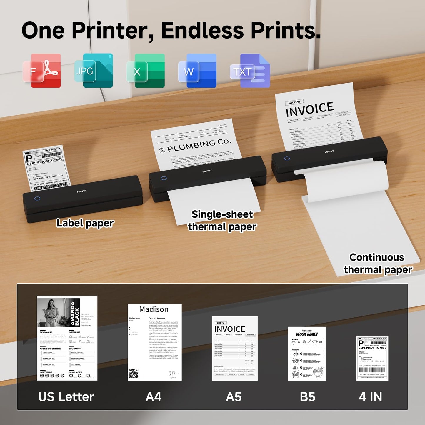 HPRT MT620 Portable Printer Wireless for Travel, Inkless Thermal Printer for iOS/Andorid/Laptop, Supports Thermal Paper & Labels,Supports 8.5"x 11"US Letter & A4, A5 for Office/Home/School/Vehicles