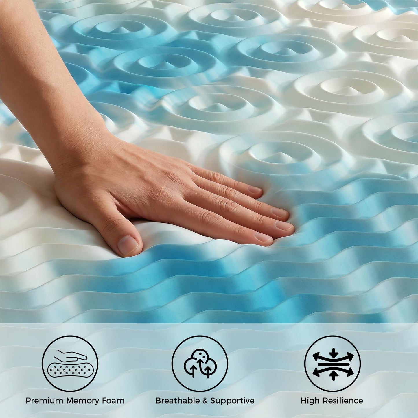 DUMOS 4 Inch Memory Foam Mattress Topper Queen, 5-Zone Cooling Gel Infused Pressure Relief Mattress Pad for Back & Hip Pain, Soft Dorm RV Camping Bed Topper, Blue