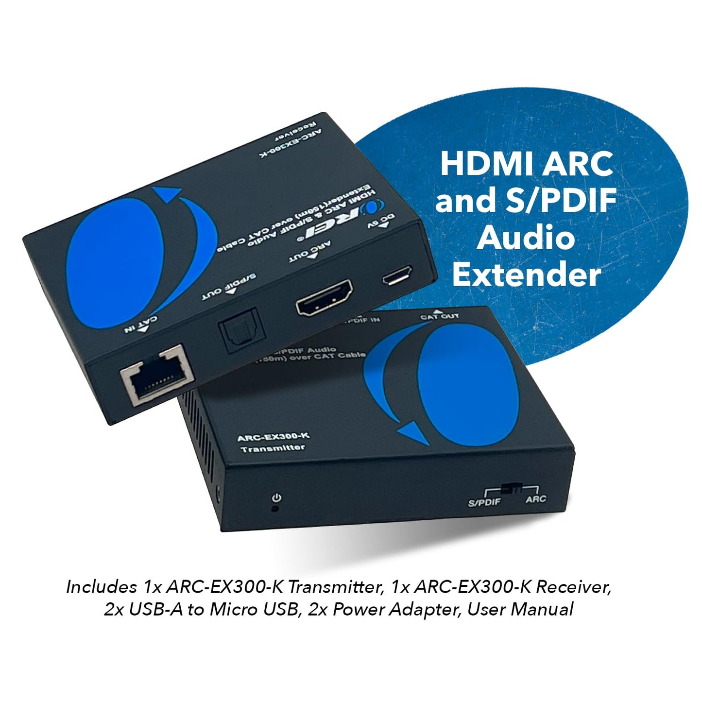 OREI ARC & SPDIF Audio Only Extender Balun Over Single CAT5e/6/7 Audio Return Channel Through HDMI Up to 300 Ft - Power Over Cable (ARC-EX300-K)