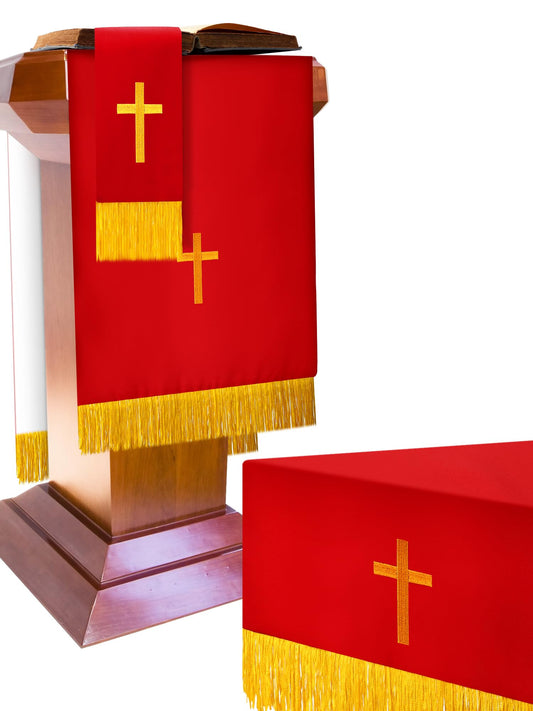 Cutecrop Set of 3 Reversible Parament Set Clergy Table Runner Bookmark Pulpit Scarf with Gold Cross Church Pulpit Accessories (Red and White)