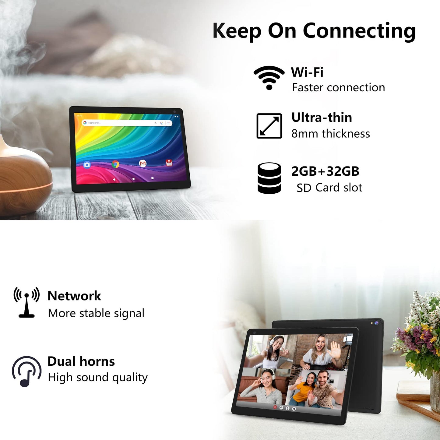 Android Tablet, 10 inch Tablets, 2GB RAM+32GB ROM Computer Tablet Support 512GB Expand, 1280*800 IPS Touch Screen, 1.8Ghz Quad-core Processor, 2.4G/5G WiFi Bluetooth, 8MP Camera 6000mAh Battery Tablet