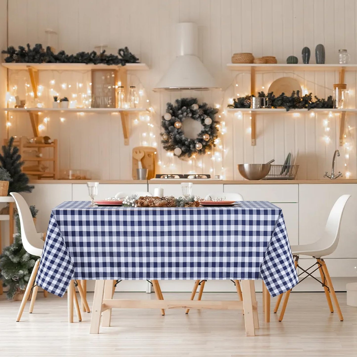 ABCCANOPY 5 Pack Rectangle Polyester Tablecloth 60 x 84 Inch Checkered Indoor Outdoor Stain-Resistant Washable Heavy-Duty Fabric Table Cover Elegant Home Decor Navy Blue and White Gingham