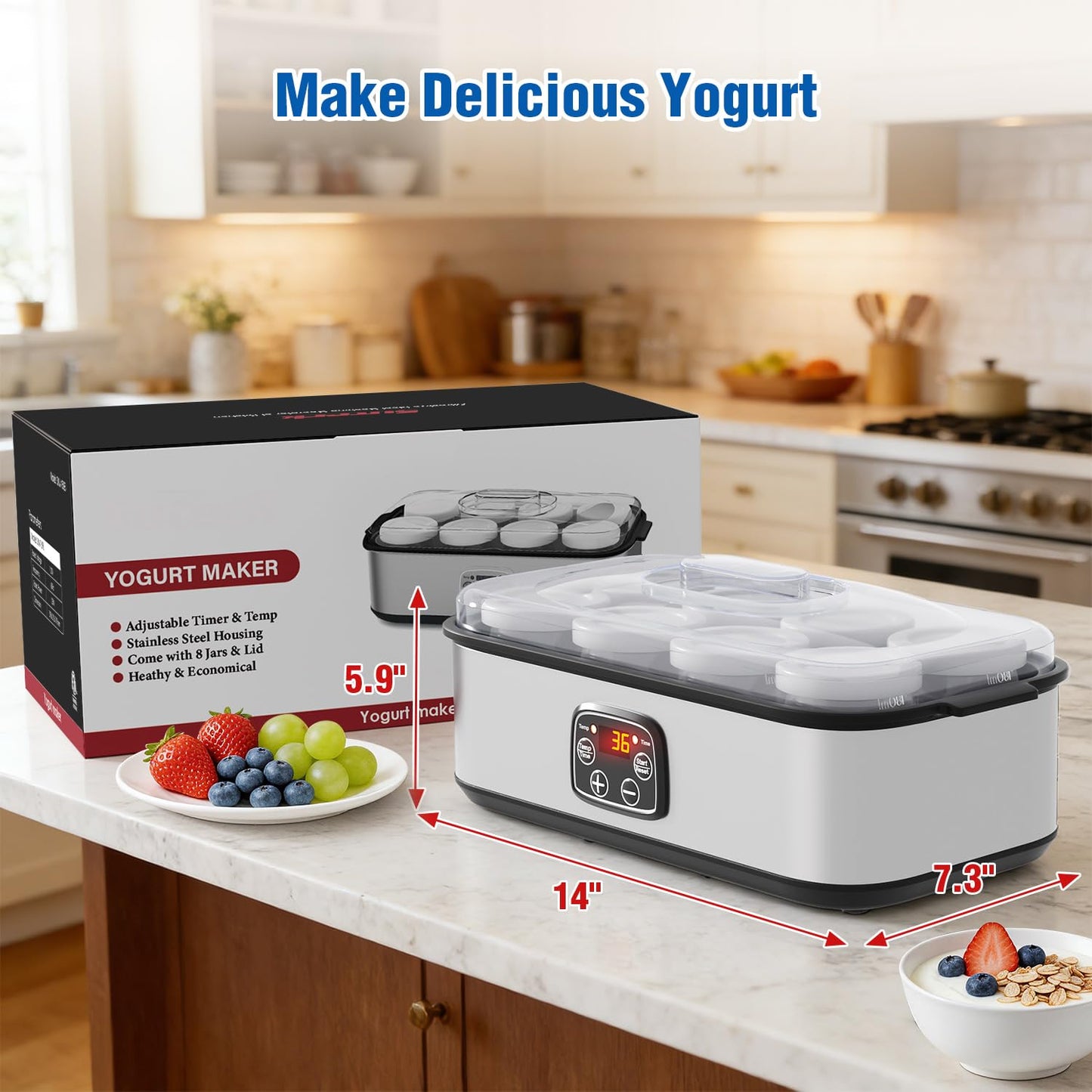 Yogurt Maker with Adjustable Time and Temp Control, Yogurt Maker Machine with Automatic Shut-Off & Constant Temper for Homemade Probiotic, Greek Yogurt, BPA-Free (Black Grey, 48 oz/8 Jars)