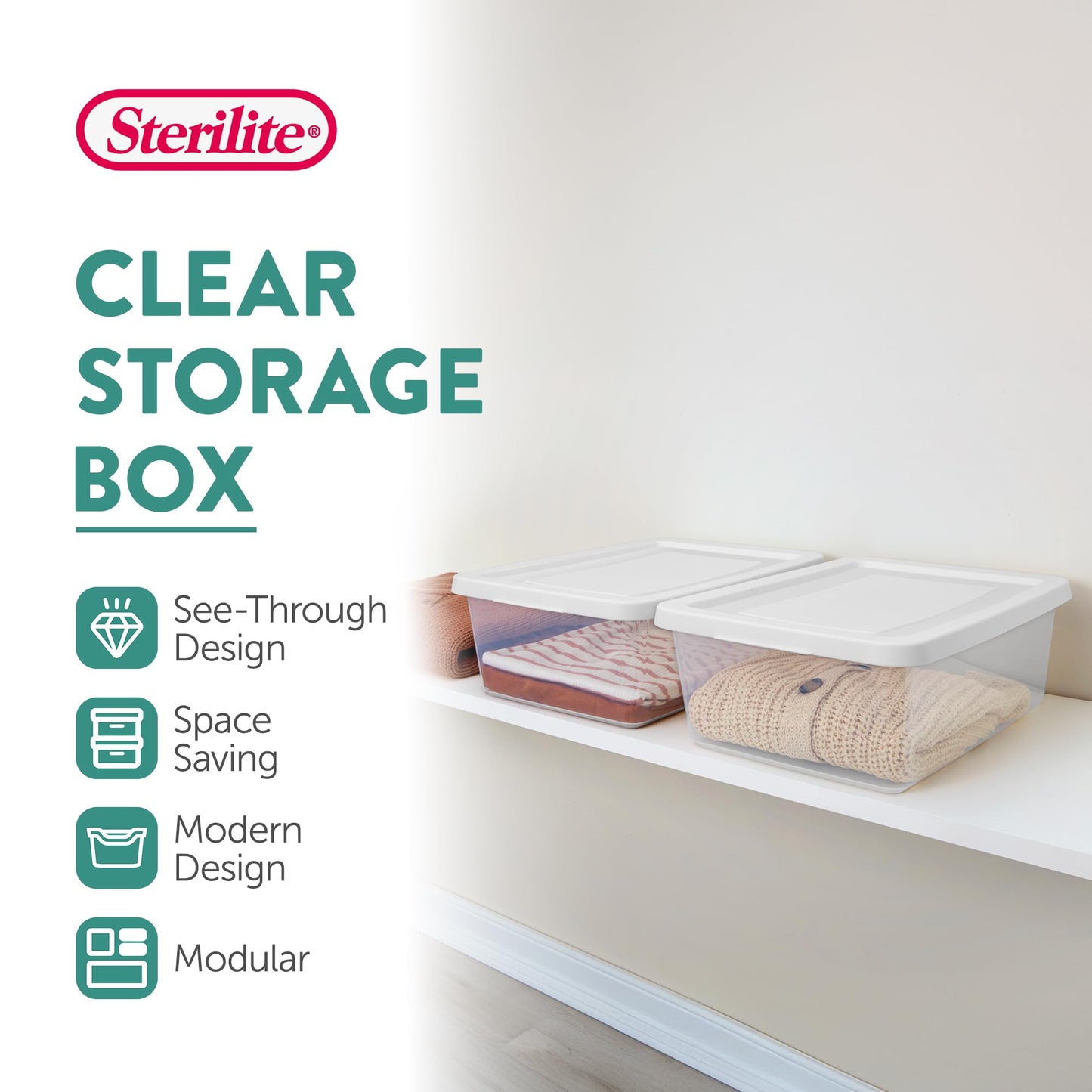 Sterilite 12-Pack Clear Storage Box, Stackable Container Bins with Lids, 12 Qt, White – Plastic Containers for Home, Closet, Bathroom, and Office Organization