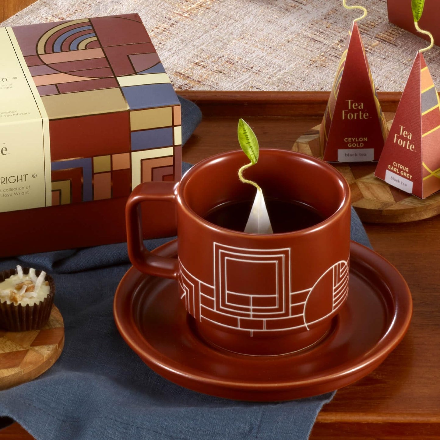 Tea Forte Terra Stoneware Teacup with Saucer, Frank Lloyd Wright, 8 oz. Stoneware Teacup for Steeping Pyramid Infusers, Dishwasher & Microwave Safe
